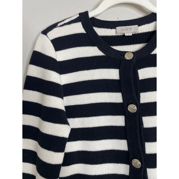 LOFT Black White Striped Cardigan Parisian Chic Minimalist Size M - Picture 3 of 6